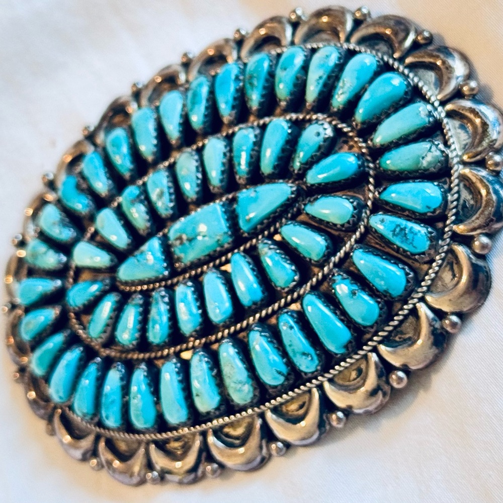 Signed Vintage Southwestern Heavy Sterling Silver Turquoise Mosaic Belt Buckle